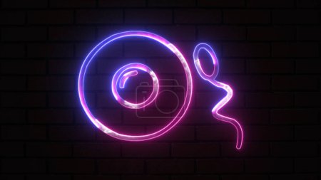 Bright blue and purple neon outline Sperm and egg cell icon isolated on brick wall background. Microscopic sperm and egg cell.