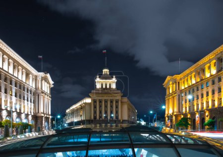 Night lights of Sofia city centre architecture, famous buildings, Bulgaria
