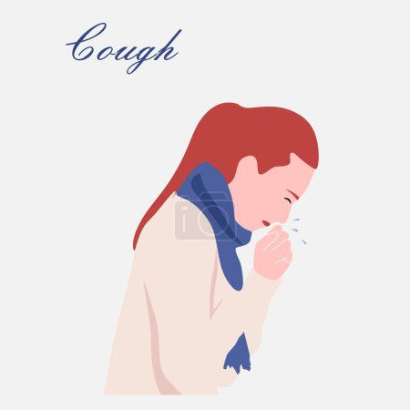 Photo for Adorable female character coughing. Symptoms of influenza, health problem, viral infectious disease. Sick or ill young woman isolated on white background. Flat cartoon colorful vector illustration. - Royalty Free Image