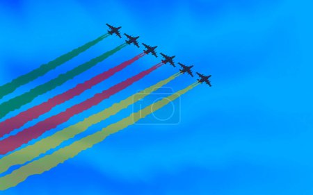 Ilustración de Aviones en el aire con humo de la bandera de Camerún. Aviación con bandera de Camerún. Grupo de aviones con bandera camerunesa pintada en el cielo. ilustración vectorial - Imagen libre de derechos