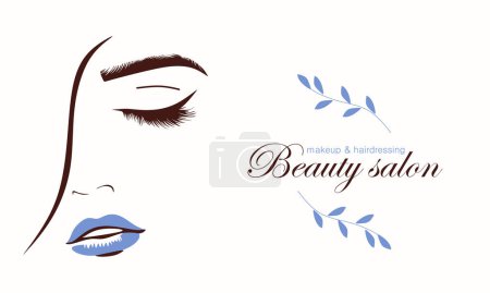 Illustration for Spa vector poster design template with abstract female face with plant twig. Hand-drawn line art. Outline vector illustration, Wellness and spa salon services concept. - Royalty Free Image