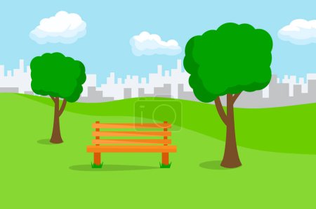 Illustration for Vector illustration of a beautiful landscape of the park with a wooden bench and the cityscape in the background - Royalty Free Image