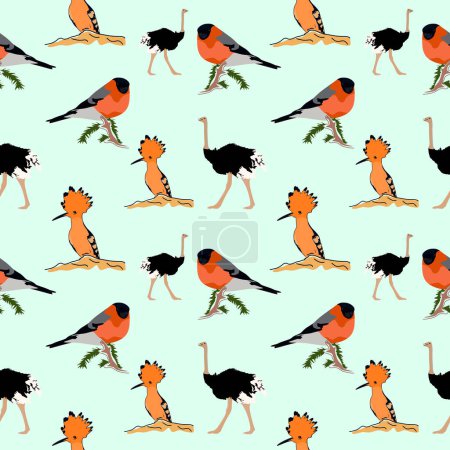 Ilustración de Patrón sin costura vector con abubilla, avestruz, pájaros toro - Imagen libre de derechos