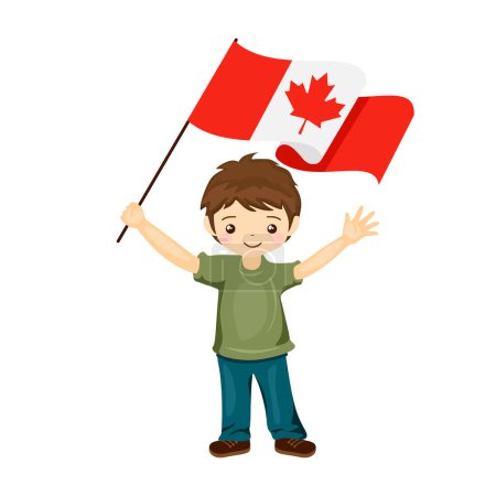 Ilustración de Niño con la bandera de Canadá, un niño pequeño y hermoso sostiene la bandera de Canadá en su mano en estilo plano. ilustración vectorial. - Imagen libre de derechos