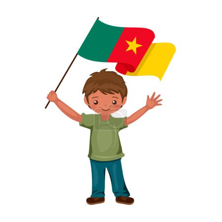 Ilustración de Niño con la bandera de Camerún, un niño pequeño y hermoso sostiene la bandera de Camerún en su mano en estilo plano. ilustración vectorial. - Imagen libre de derechos