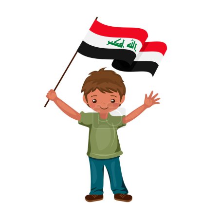 Illustration for Boy with the flag Iraq, a beautiful little child holds the flag of Iraq in his hand in flat style. vector illustration. - Royalty Free Image