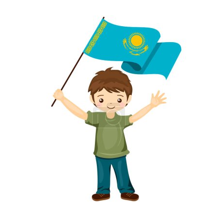 Ilustración de Niño con la bandera Kazajstán, un niño pequeño y hermoso sostiene la bandera de Kazajstán en su mano en estilo plano. ilustración vectorial. - Imagen libre de derechos