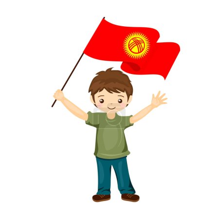 Téléchargez les illustrations : Garçon avec le drapeau du Kirghizistan, un beau petit enfant tient le drapeau du Kirghizistan dans sa main dans un style plat. illustration vectorielle. - en licence libre de droit
