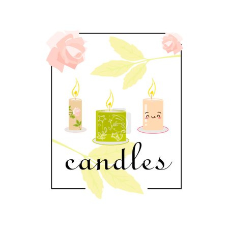 Illustration for Candle spa isolated on white background.Burning wax candle flat vector illustration. Cartoon candle on a saucer. Traditional holidays candles isolated vector. - Royalty Free Image