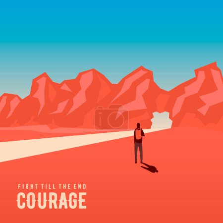 Courage. Fight to the end. Concept guy moving forward, around him a road, mountains and blue sky. To overcome all obstacles, once you don't sit, always move forward, key to success, be confident in you