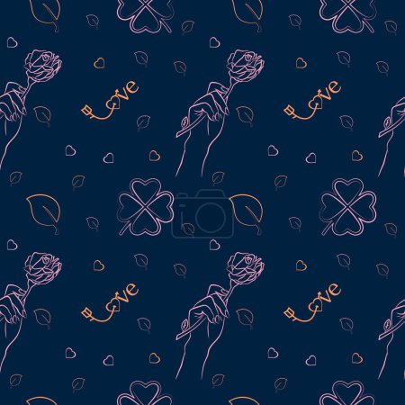Photo for Seamless pattern with a large collection of love objects Flowers, leaves, hearts, hand holding a rose for Valentine's Day. Colorful flat illustration. - Royalty Free Image