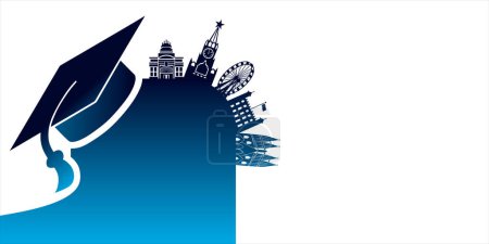 Photo for Vector illustration of a silhouette of graduate cap and buildings, education banner - Royalty Free Image