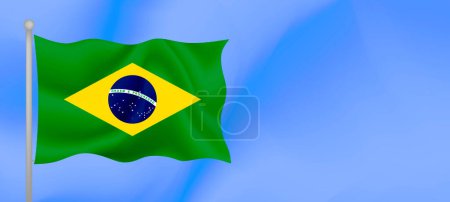 Illustration for Flag of Brazil waving against the blue sky. Horizontal banner design with Brazil flag with copy space. Vector illustration - Royalty Free Image