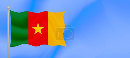 Ilustración de Bandera de Camerún ondeando contra el cielo azul. Diseño de banner horizontal con bandera de Camerún con espacio para copiar. Ilustración vectorial - Imagen libre de derechos