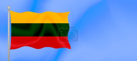 Illustration for Flag of Lithuania waving against the blue sky. Horizontal banner design with Lithuania flag with copy space. Vector illustration - Royalty Free Image