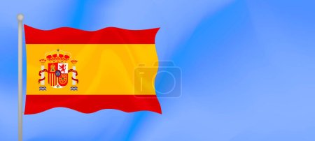 Téléchargez les illustrations : Drapeau de l'Espagne agitant contre le ciel bleu. Conception de bannière horizontale avec drapeau d'Espagne avec espace de copie. Illustration vectorielle - en licence libre de droit