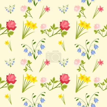 Illustration for Seamless background flowers rose, bell, daffodils. Floral background for fashion, wallpaper, print. Pattern of many different colors. Trendy floral design - Royalty Free Image