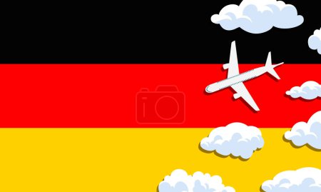 Illustration for Germany travel concept. Airplane with clouds on the background of the flag of Germany. Vector illustration - Royalty Free Image
