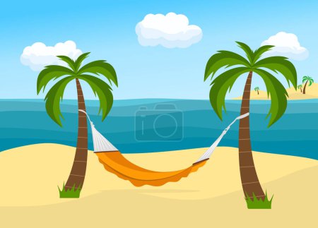 Ilustración de Hammock and palm trees on beach. Beach vacation. Hammock between palm trees. Tropical background with sea. Flat style vector illustration. - Imagen libre de derechos