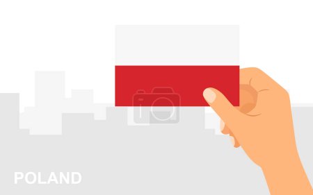 Illustration for Hand holding the flag of Poland on the background of the city in a minimal flat style. Vector illustration - Royalty Free Image