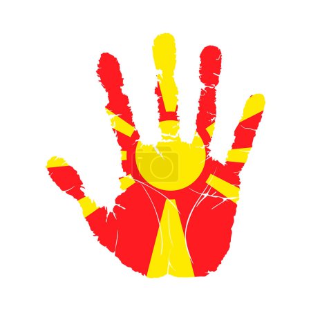 Téléchargez les illustrations : Handprint with the flag of Macedonia. Hand print, which bears the Macedonia flag. Grunge Imprint Hand in the Colors of Macedonia Flag on White Background. Vector illustration - en licence libre de droit