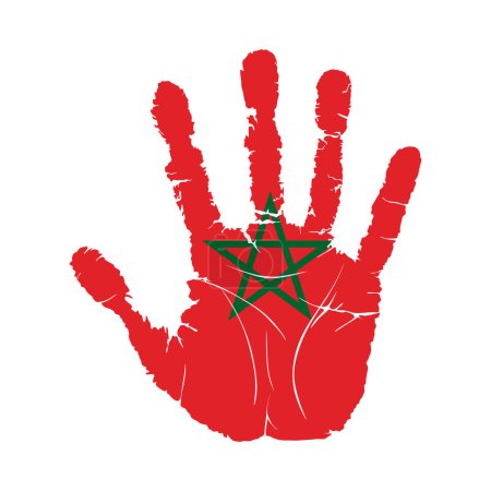 Téléchargez les illustrations : Handprint with the flag of Morocco. Hand print, which bears the Morocco flag. Grunge Imprint Hand in the Colors of Morocco Flag on White Background. Vector illustration - en licence libre de droit