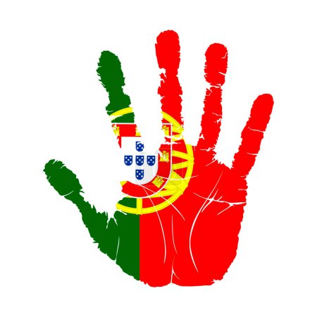 Téléchargez les illustrations : Handprint with the flag of Portugal. Hand print, which bears the Portugal flag. Grunge Imprint Hand in the Colors of Portugal Flag on White Background. Vector illustration - en licence libre de droit