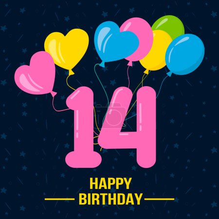 Photo for 14  years happy birthday card with balloons. - Royalty Free Image