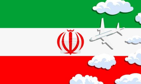 Illustration for Iran travel concept. Airplane with clouds on the background of the flag of Iran. Vector illustration. - Royalty Free Image