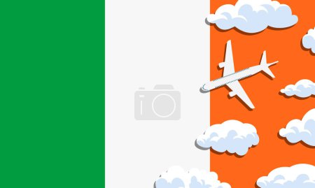 Illustration for Ireland travel concept. Airplane with clouds on the background of the flag of Ireland. Vector illustration. - Royalty Free Image