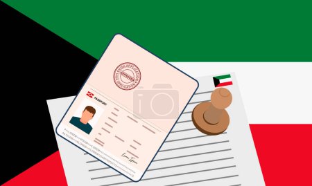 Ilustración de Kuwait visa, open stamped passport with visa approved document for border crossing. Immigration visa concept. Background with Kuwait flag. vector illustration. - Imagen libre de derechos