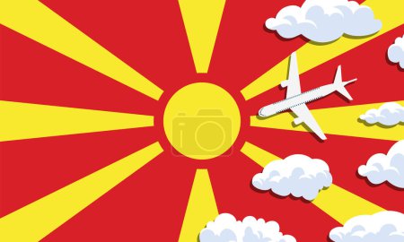 Téléchargez les illustrations : Macedonia travel concept. Airplane with clouds on the background of the flag of Macedonia. Vector illustration - en licence libre de droit