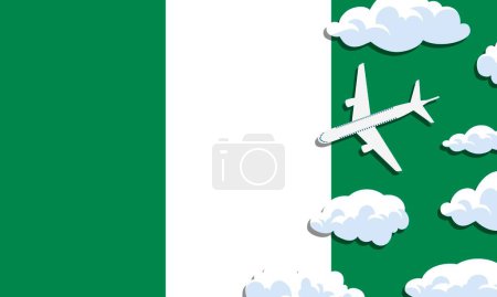Illustration for Nigeria travel concept. Airplane with clouds on the background of the flag of Nigeria. Vector illustration - Royalty Free Image