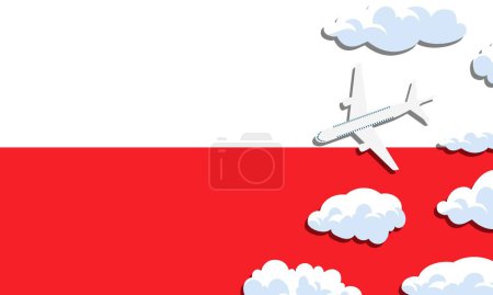 Illustration for Poland travel concept. Airplane with clouds on the background of the flag of Poland. Vector illustration - Royalty Free Image