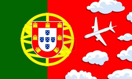 Illustration for Portugal travel concept. Airplane with clouds on the background of the flag of Portugal. Vector illustration - Royalty Free Image