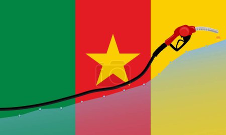 Ilustración de Aumento del concepto de precios de la gasolina en Camerún. Boquilla de la bomba de combustible de gasolina con aceite de gota en el fondo de la bandera de Camerún. ilustración vectorial - Imagen libre de derechos