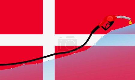  Rise in gasoline prices concept in Denmark. Gasoline fuel pump nozzle with drop oil on Denmark flag background. vector illustration
