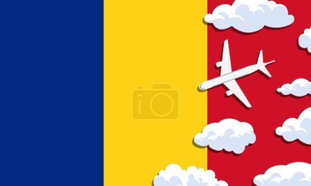Illustration for Romania travel concept. Airplane with clouds on the background of the flag of Romania. Vector illustration - Royalty Free Image