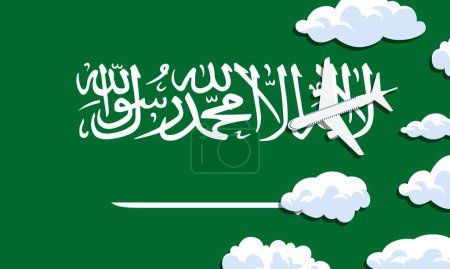 Illustration for Saudi Arabia travel concept. Airplane with clouds on the background of the flag of Saudi Arabia. Vector illustration - Royalty Free Image