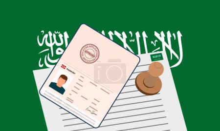 Photo for Saudi Arabia visa, open stamped passport with visa approved document for border crossing. Immigration visa concept. Background with Saudi Arabia flag. vector illustration - Royalty Free Image