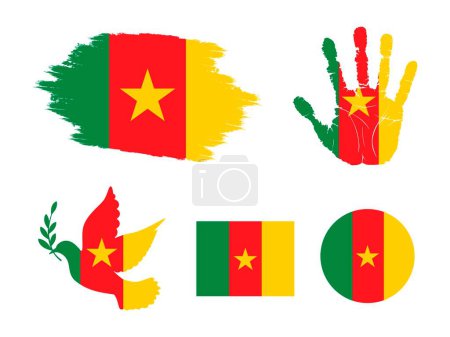 Ilustración de Camerún conjunto de la bandera, la bandera de la colección Camerún. Bandera en forma de grunge, paloma, huella de mano, cuadrada y redonda. ilustración vectorial - Imagen libre de derechos