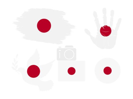 Ilustración de Set de bandera de Japón, la bandera de la colección de Japón. Bandera en forma de grunge, paloma, huella de mano, cuadrada y redonda. ilustración vectorial - Imagen libre de derechos