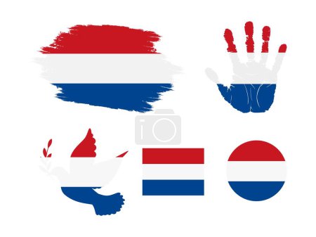 Téléchargez les illustrations : Ensemble drapeau des Pays-Bas, la collection drapeau des Pays-Bas. Drapeau en forme de grunge, colombe, empreinte main, carré et rond. illustration vectorielle - en licence libre de droit