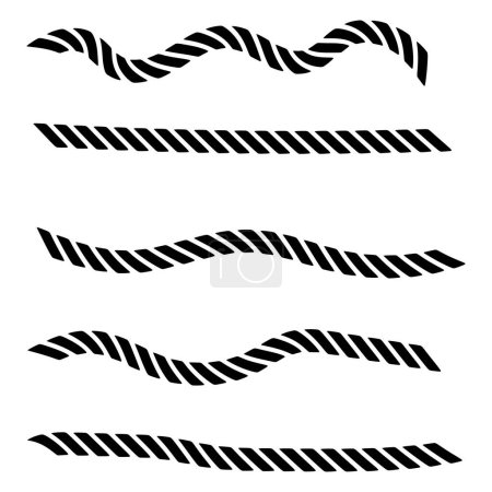 Illustration for Straight and wavy rope, black monochrome silhouette. vector illustration isolated on white background. - Royalty Free Image