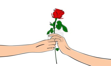 Ilustración de La mano de un hombre da una rosa a una mujer. tarjeta de felicitación estilo San Valentín diseño. Ilustración lineal de un dibujo estilizado - Imagen libre de derechos