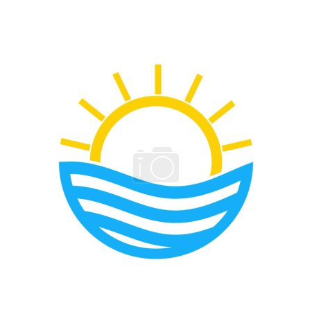 Téléchargez les illustrations : Logo de l'agence de voyage. Design soleil et mer. Soleil jaune d'été et mer bleue, logo de voyage - en licence libre de droit