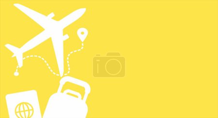 Ilustración de Travel illustration for banner, yellow background plane bag passport. Place for text - Imagen libre de derechos