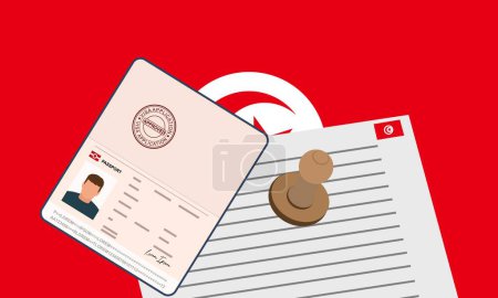 Illustration for Tunisia visa, open stamped passport with visa approved document for border crossing. Immigration visa concept. Background with Tunisia flag. vector illustration - Royalty Free Image