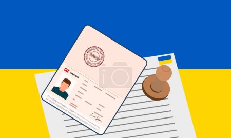 Ukraine visa, open stamped passport with visa approved document for border crossing. Immigration visa concept. Background with Ukraine flag. vector illustration.
