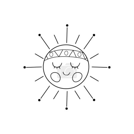 Ilustración de Vector de sol boho blanco y negro con banda en la cabeza. Icono de la línea del planeta bohemio aislado sobre fondo blanco. Ilustración del contorno de estrellas celestes - Imagen libre de derechos